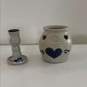 Pinewood Pottery small heart crock and WPF candlestick clay w blue trim